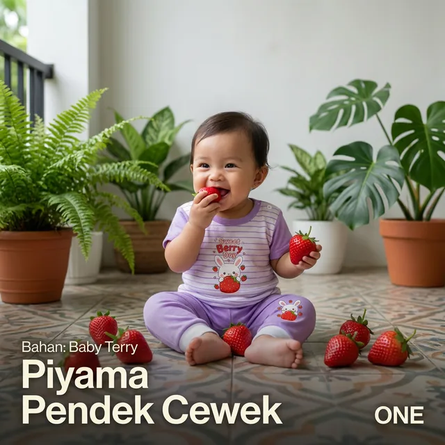 Piyama pendek anak perempuan motif kelinci stroberi